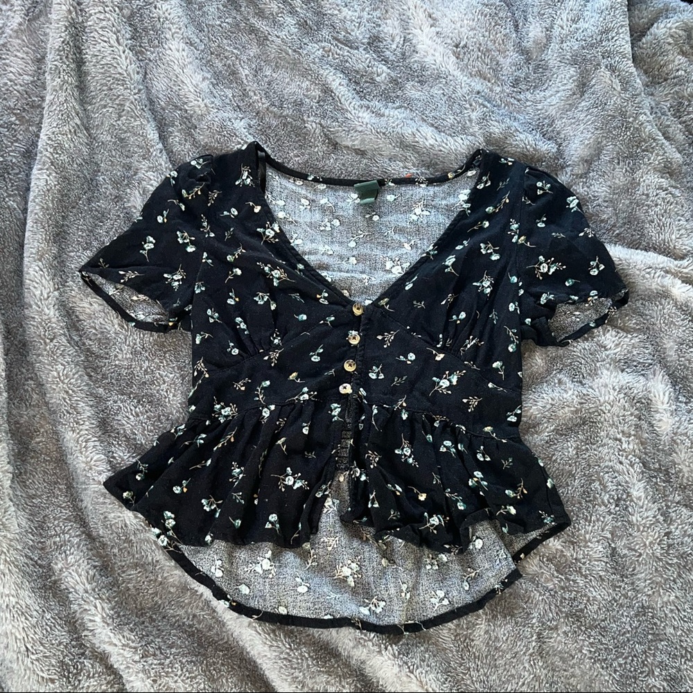 floral crop button up navy blue top size xs